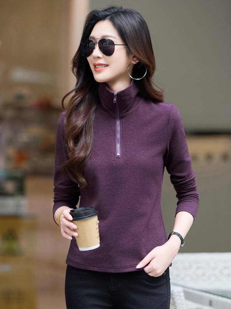 6655 Autumn/Winter Women's Stand Collar Zipper Slim Fit Long Sleeve Solid Color T-Shirt