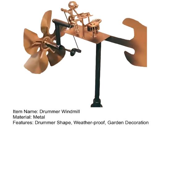 Handmade Metal Drummer Windmill Percussionist Figurine Statue Wind-Powered Kinetic Drummer Sculpture Wind