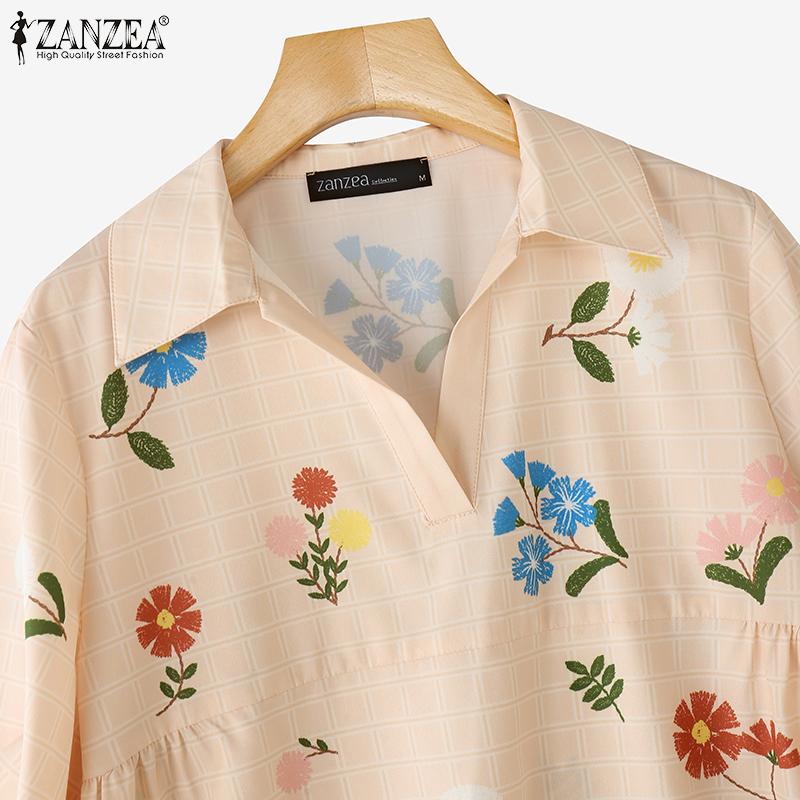 ZANZEA Damen Lässig Umlegekragen Locker 3/4 Ärmel Print Bluse