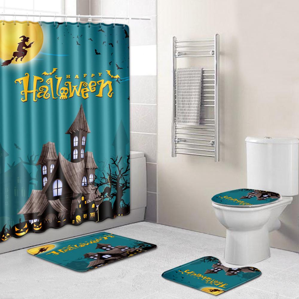 Halloween Shower Curtain Floor Mat Combination Four-Piece Set Bathroom Toilet Carpet Shower Room Foot Mat