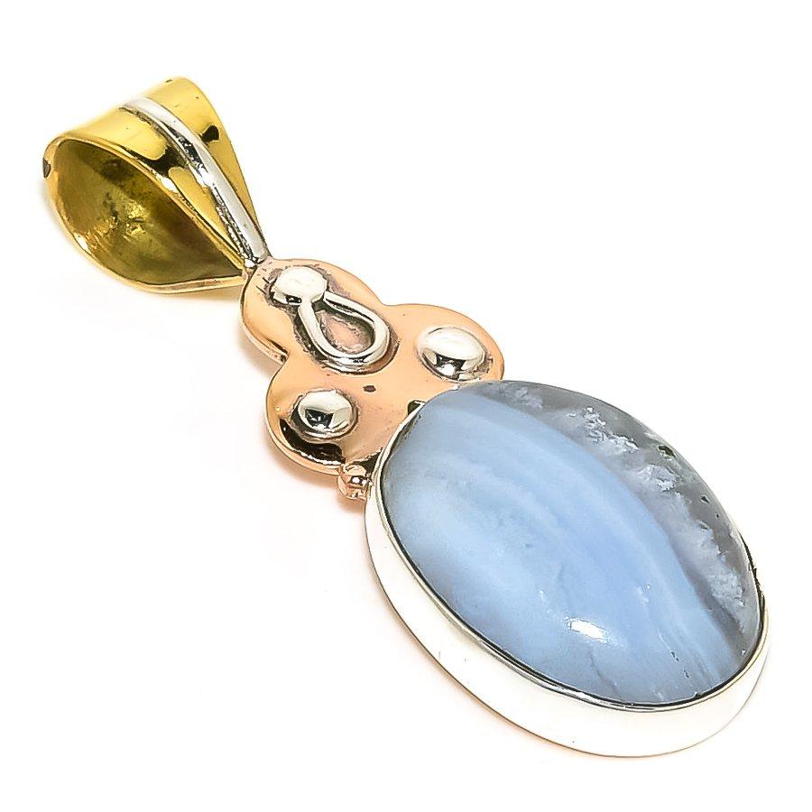 

Natural Blue Lace Agate Two Tone 925 Solid Sterling Silver Pendant 1.75 D4V21