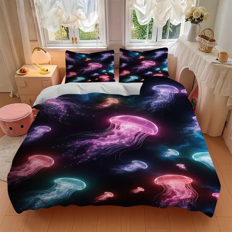 3pcs Colorful Jellyfish Bedding Set - Includes One Quilt Cover and Two Pillowcases (No Filling) - Anime Cartoon Design, Polyester Fabric, Su
