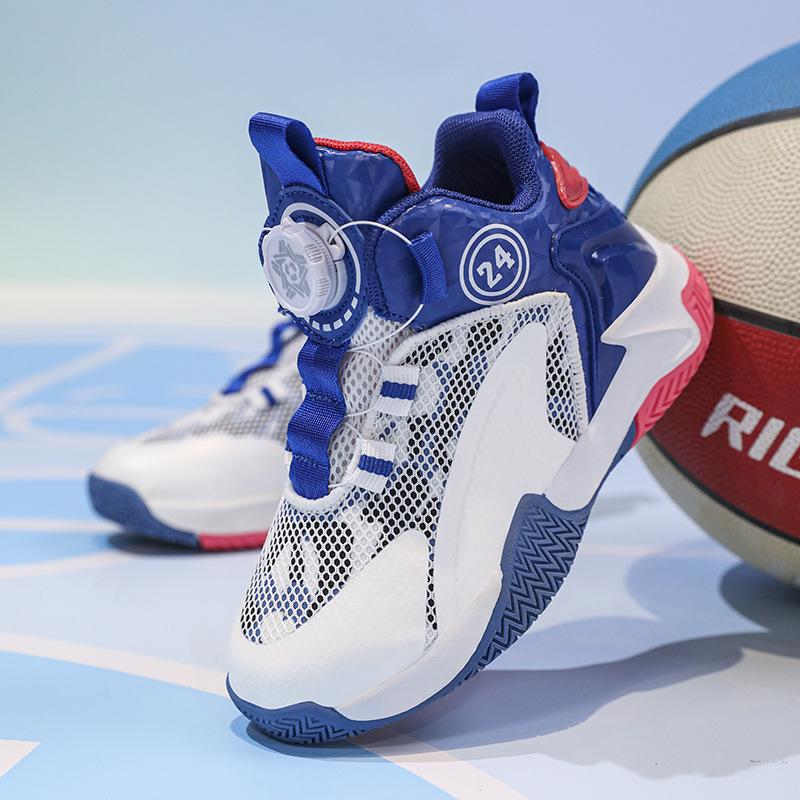 2025 New Autumn Boys' Basketball Shoes: Breathable Mesh, Rotating Buckle, Ideal for Students and Running.