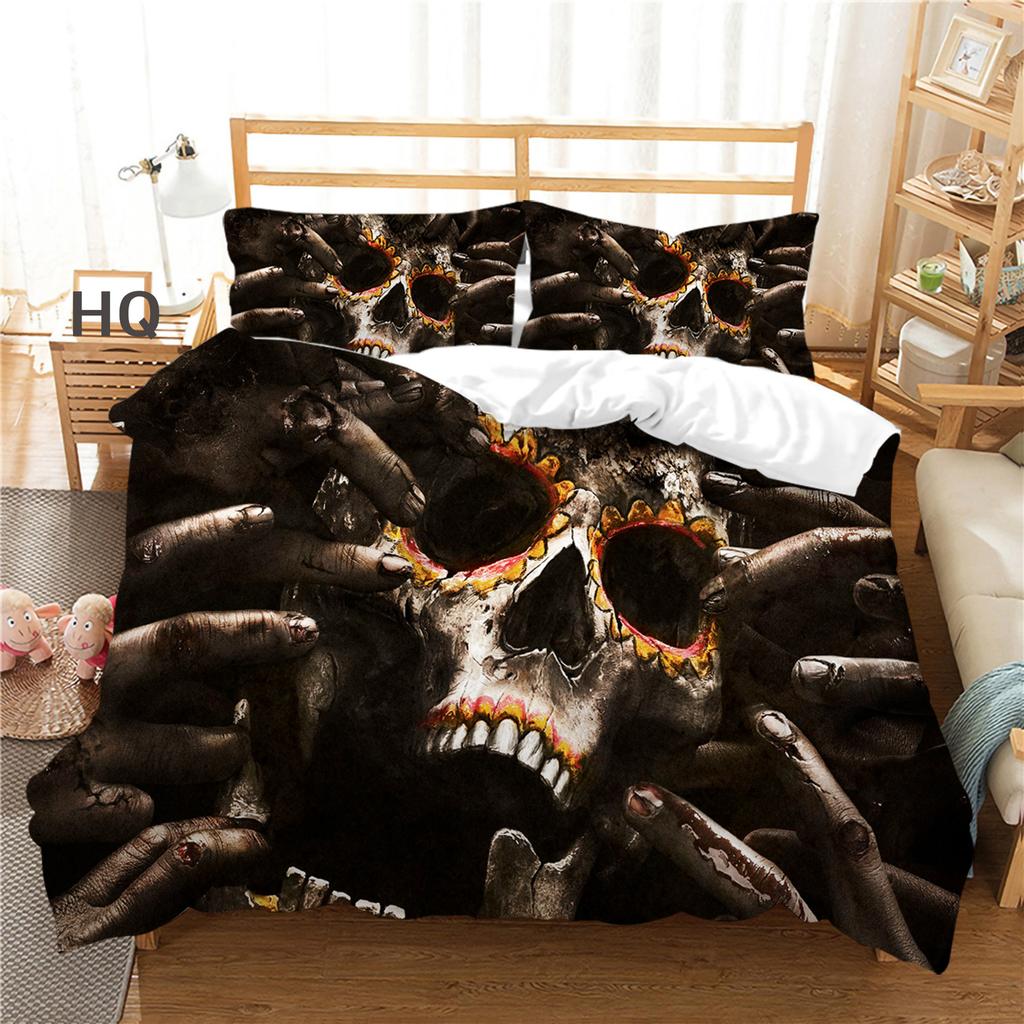 3D Terrifying Skull Bedding Set Halloween Down Duvet Cover Pillowcase 2/3pcs Luxury Home Textile Kid Men's Gift