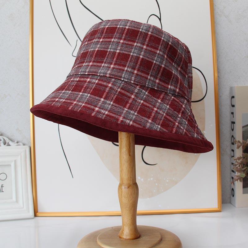 Retro Double-sided Plaid Bucket Hat Women's Autumn and Winter Deerskin Velvet Showing Face Small Versatile Basin Hat Casual Hat Tide