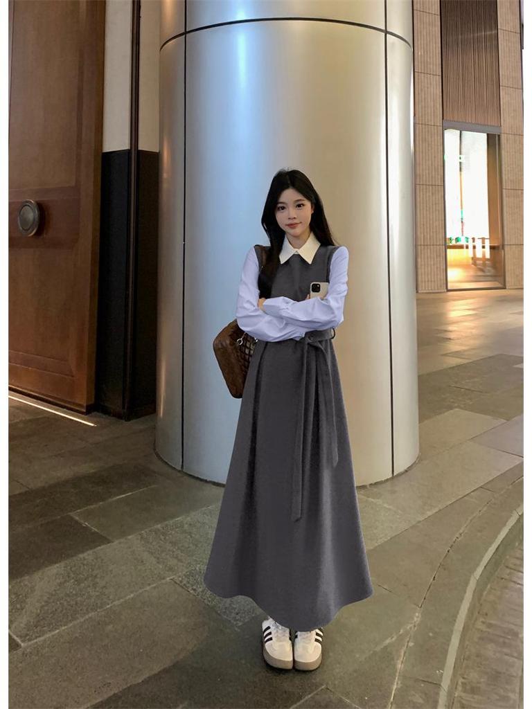 French-Style Two-Piece Long-Sleeve Plus Size Elegant Spring Dress with Waist-Cinched Skirt