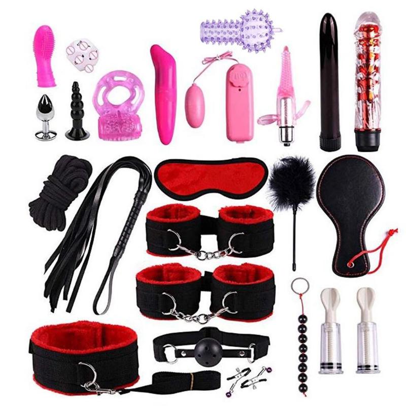 24pcs Adult Game Restraints Set Women Men BDSM Bondage Training Cosplay Sex Toy G-Spot Vibrator Butt Anal Plug Flogger Whip OLI