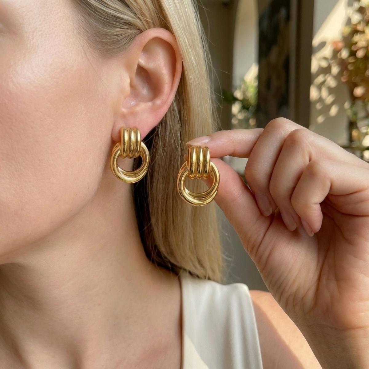 

Vintage Stainless Steel Gold Color Silver Color Block Double Circle Stud Earrings For Women Men Trendy Geometric Earring Jewelry