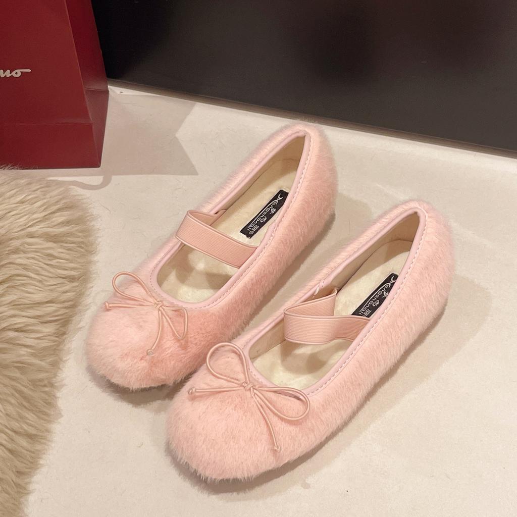 Small Man Inner Height Increase 5cm French Ballet Fluffy Shoes Women Wear Velvet Gentle Mary Jane Single Shoes In Winter