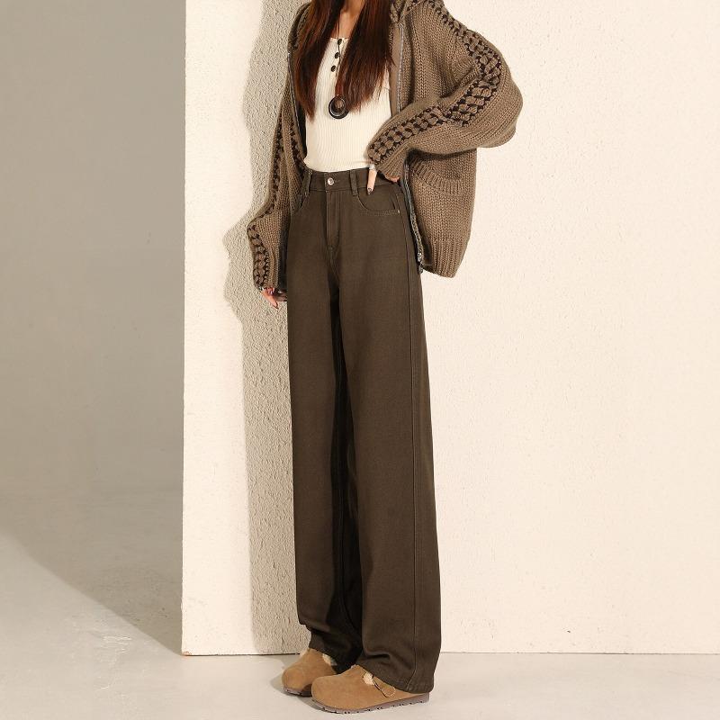 Fleece Straight Jeans for Women, Autumn and Winter New Brown Coffee High-waisted Narrow Wide-leg Pants