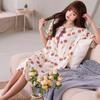 New Spring and Summer Women's Nightdress Full Cotton Cotton and Silk Short-sleeved Skirt Generous Lace-up Rope Round Neck Flower Sexy Long Dress