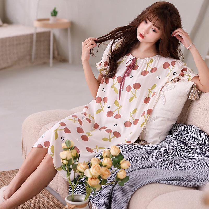 New Spring and Summer Women's Nightdress Full Cotton Cotton and Silk Short-sleeved Skirt Generous Lace-up Rope Round Neck Flower Sexy Long Dress