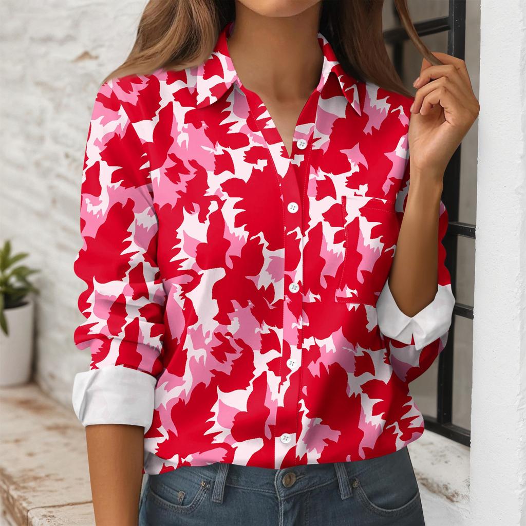 Women's Button Down Prints Shirt Long Sleeve Shirt Business Work Tops Casual With Pockets Jacket