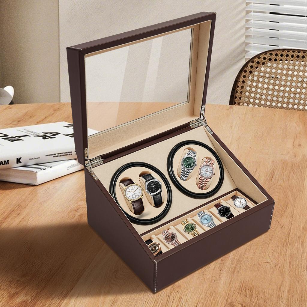 4+6 Automatic Watch Winder Display Box PU Leather Watches Shaker Watch Jewelry Storage Box Watch Case, Black/Brown