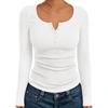 T-shirt à manches longues côtelé pour femme avec boutons et col en V