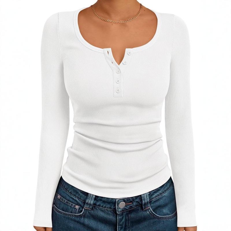 Women S Long Sleeve Ribbed Knit Button V Neck T Shirt XS белый