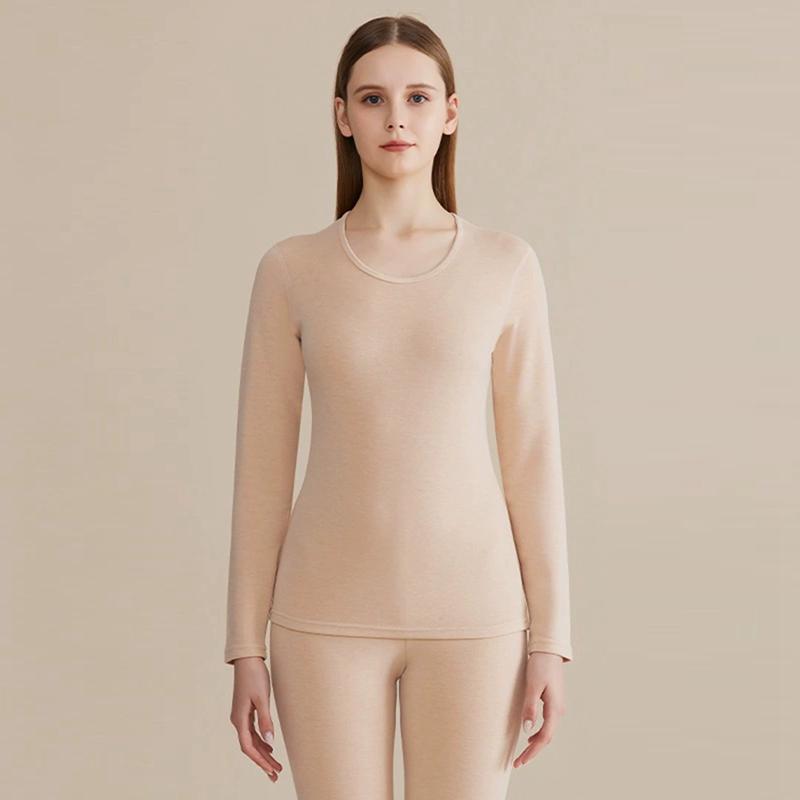 Women Autumn and Winter Solid Color Crew Neck Thermal Underwear Set