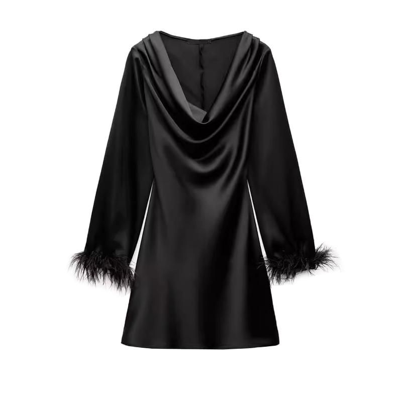 Fall and Winter New Women's Clothing Fashion Style V Neck Long Sleeves Feather Decorative Silk Section Texture Short Dress 9675748