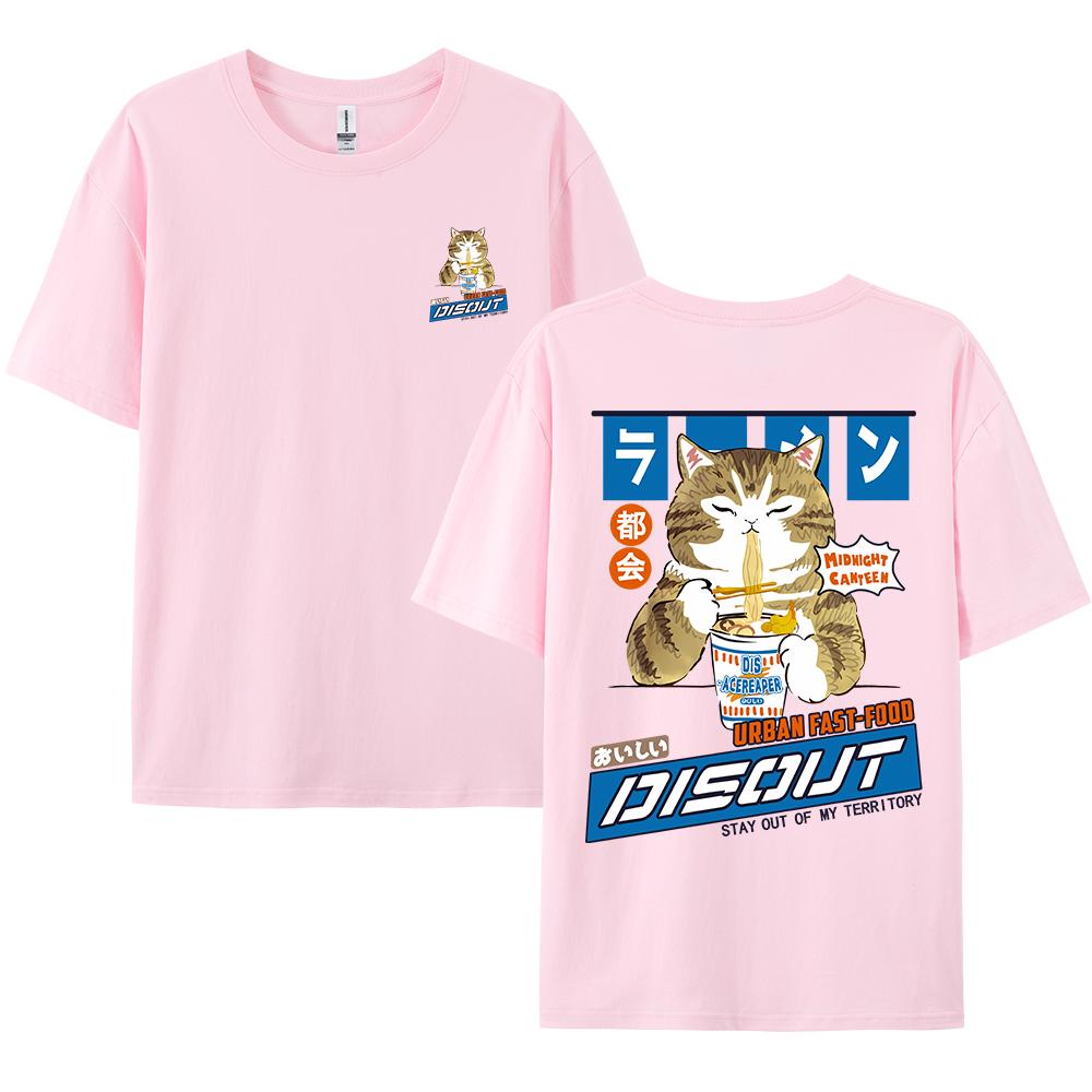 Harajuku Cat Cartoon Eating Noodles Graphic Men Women Tshirts Short Sleeve Tees Japan Style Oversized T Shirt