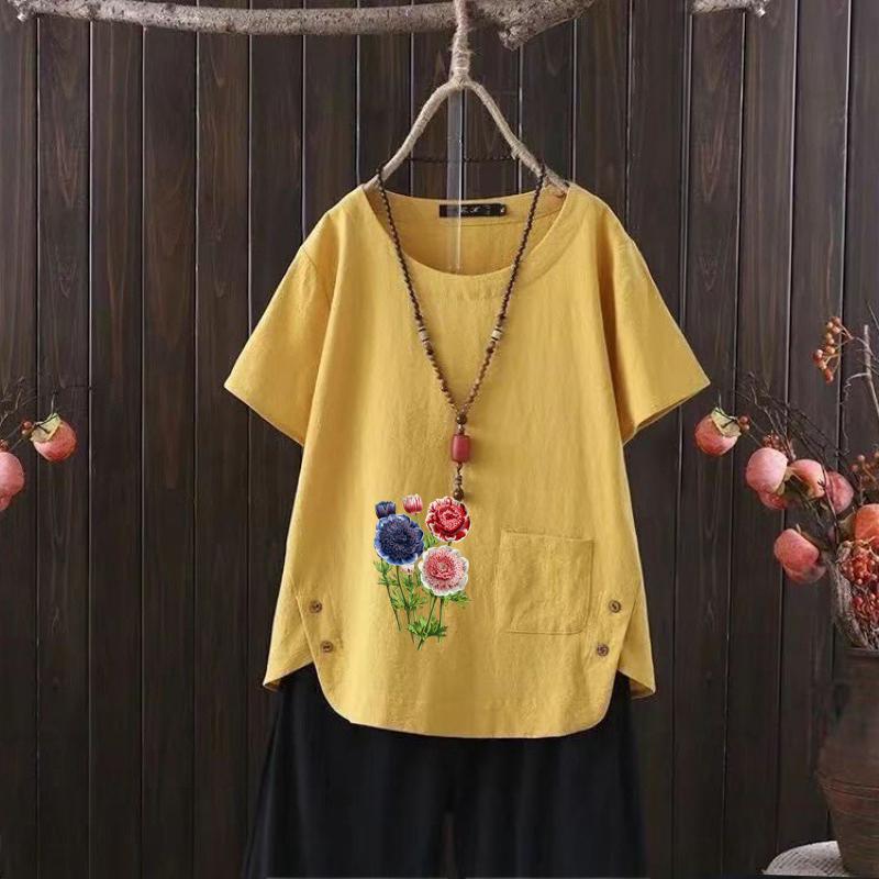 Women's Fashion Flower Prined Summer Casual Loose Short Sleeve T-shirt Summer Blouse Tops