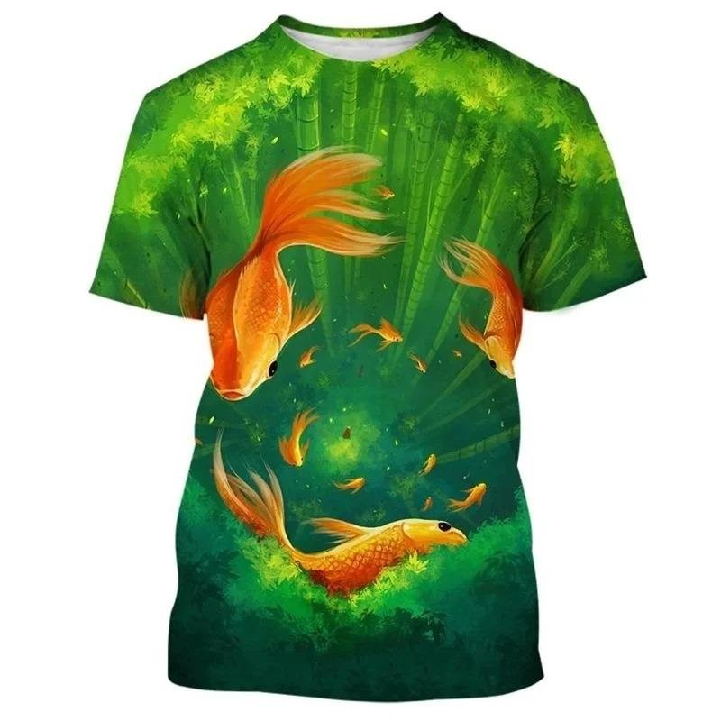Modisches, neues T-Shirt mit Goldfisch-Muster und Aufdruck für Herren mit Street-Elementen, Rundhalsausschnitt, kurzärmelig, trendiges Oberteil in Übergröße
