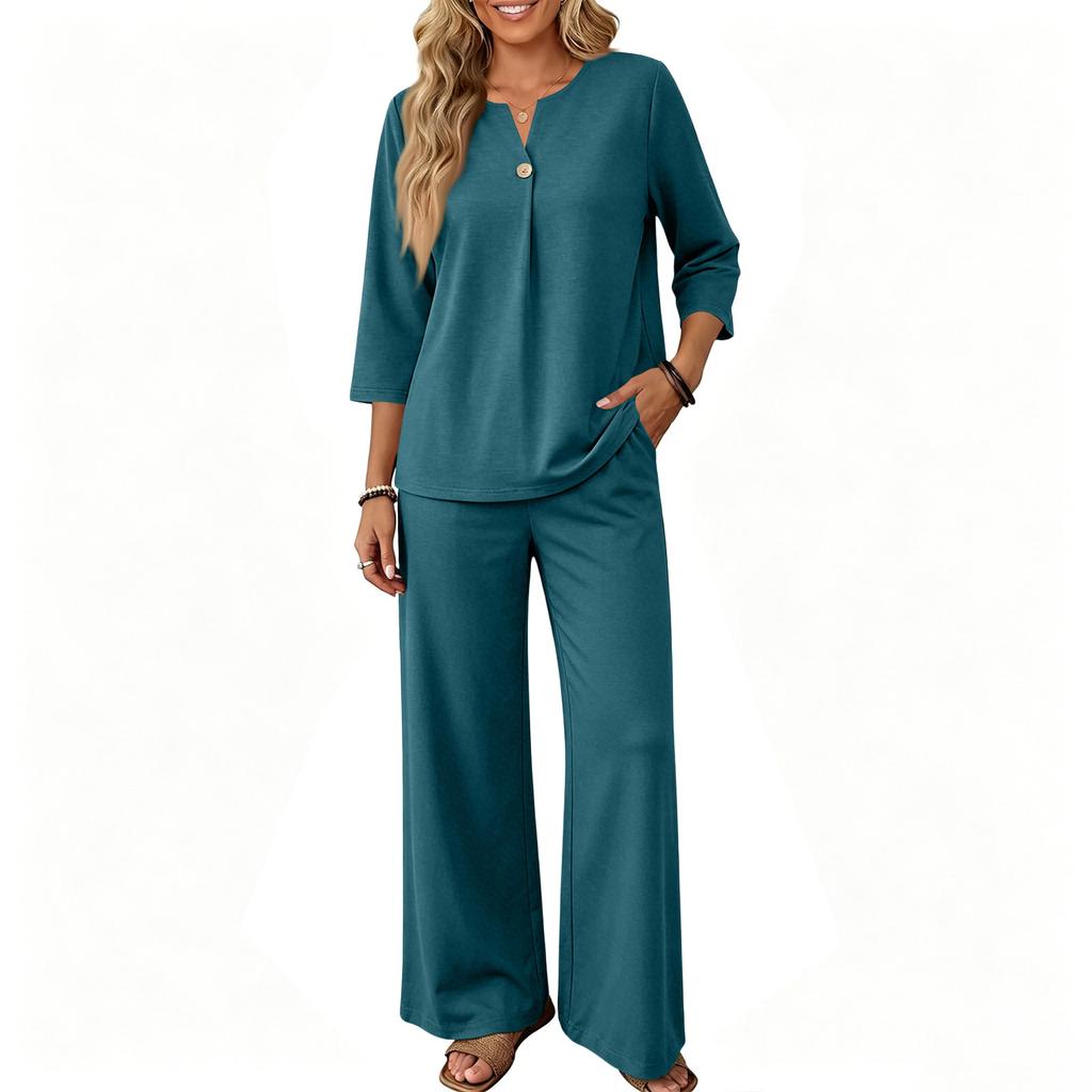 Women's 2-Piece Outfit Set Button Down 3/4 Sleeve Top and Wide Leg Pants Color Casual Matching Set for Everyday Wear