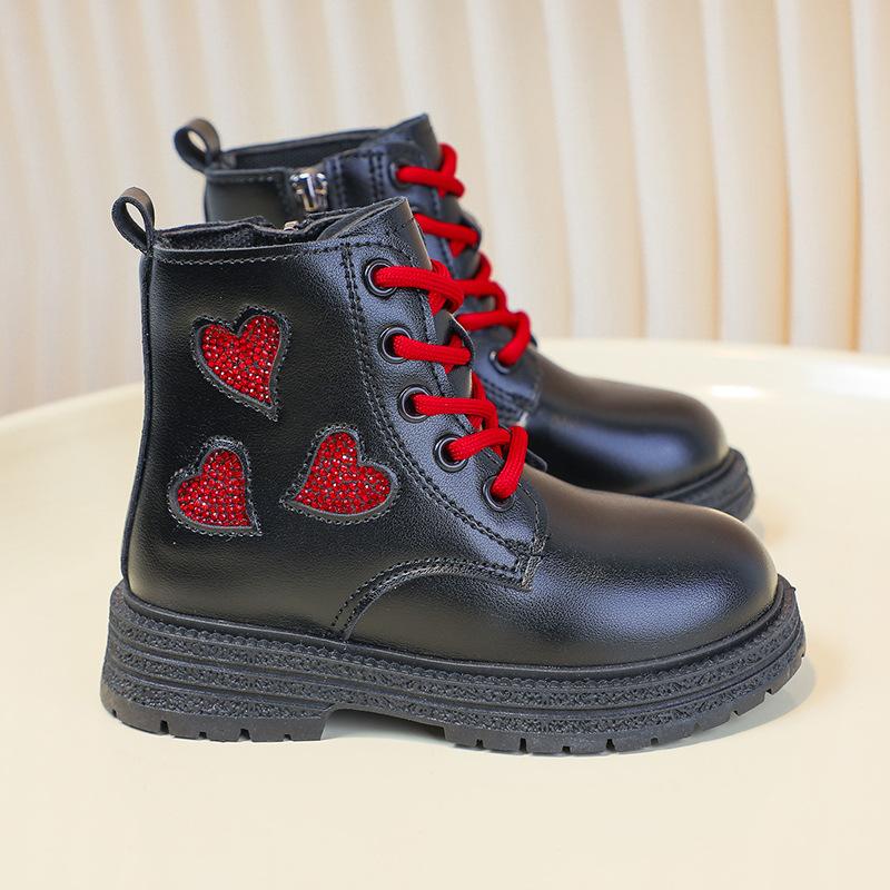 Girls Martin boots 2025 autumn and winter new British style children's short boots love princess leather boots girls velvet cotton boots