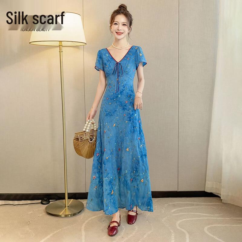 Women s Elegant V-Neck Floral A-Line Dress XL