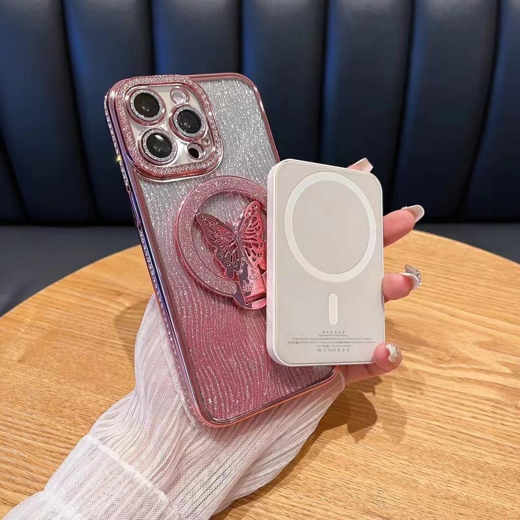 Rhinestone Edge Glitter Butterfly Magnetic Suction Bracket Is Suitable for Apple 17PRO Anti-drop Mobile Phone Case iPhone16 Protective Case.