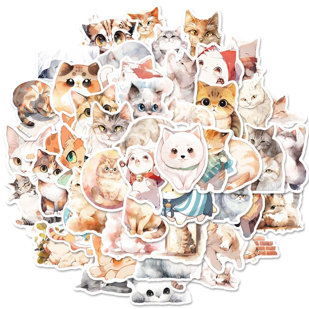 50 Watercolor Cat Stickers Cute Cartoon Cute Pet Cat Stickers Laptop Decoration
