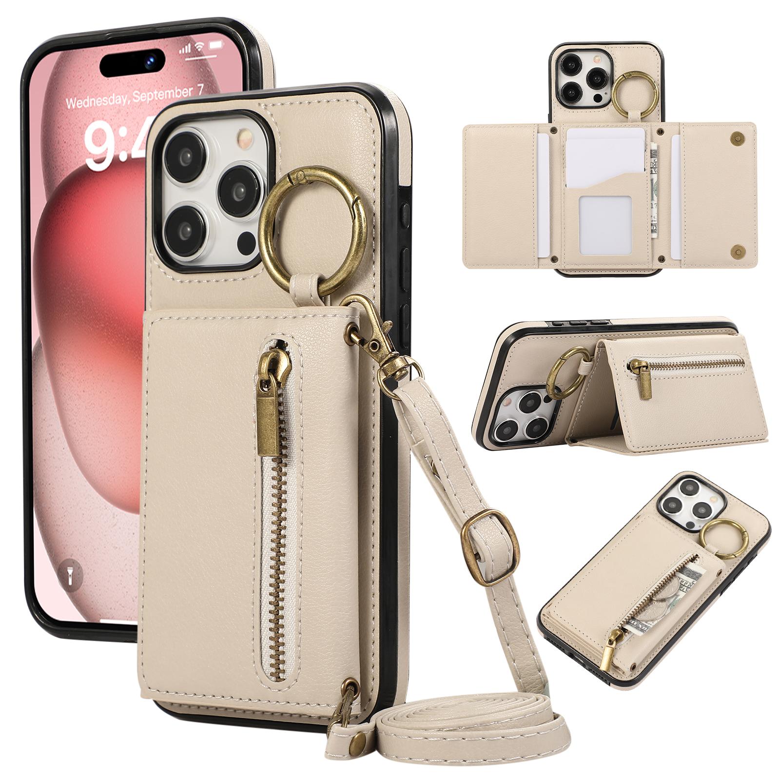 

For iPhone 16 Pro Max Leather Back Cover Zipper Wallet Kickstand Phone Case with Shoulder Strap A