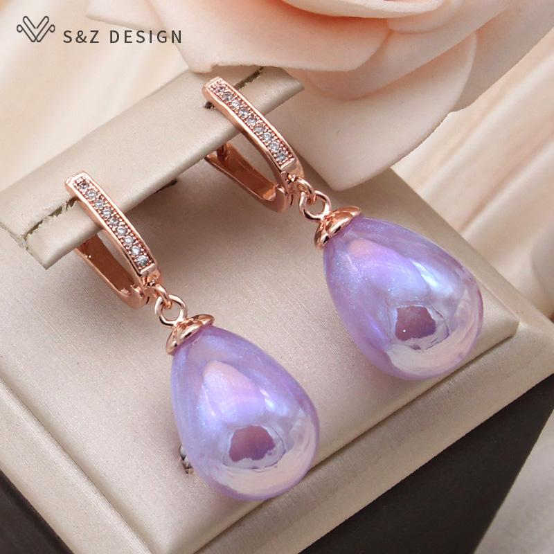 Fashion Colorful Water Drop Beads Dangle Earrings For Women Wedding Rose Gold Color Cubic Zirconia Jewelry