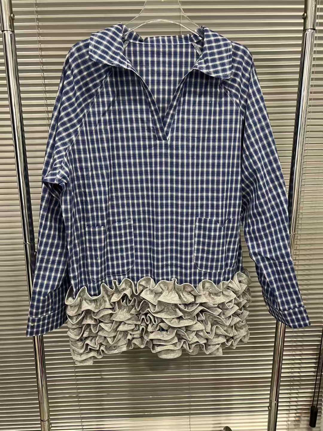 2026 Spring Trendy Blue Plaid Patchwork Shirt Dress One Size синий