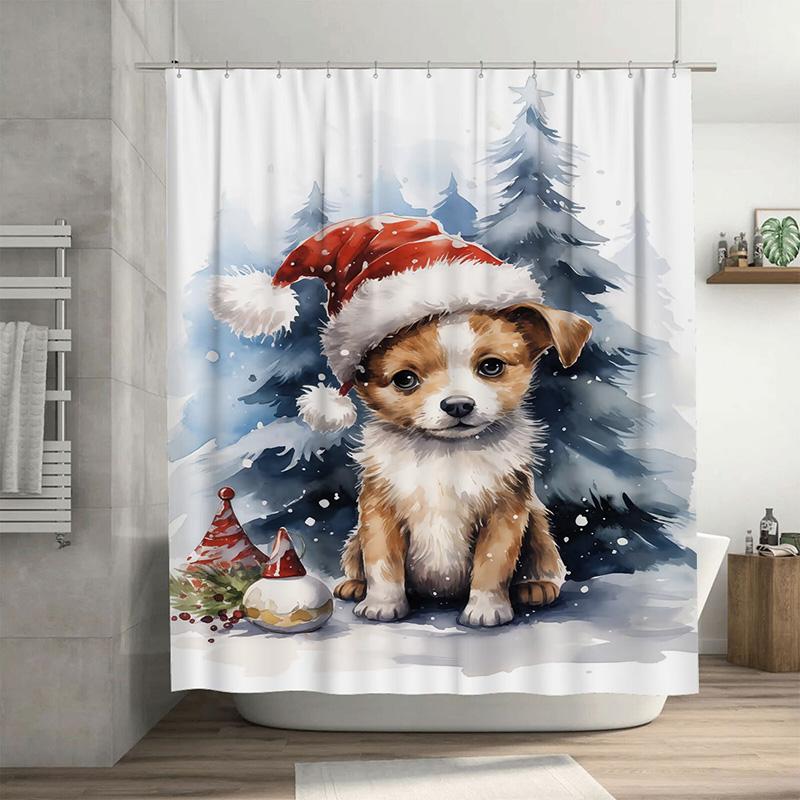 

Tuniu Charming Christmas Puppy Bathroom Shower Curtain Festive Holiday Decor Adorable Dog Portrait Waterproof Fabric Backdrop Fo W60H190(CM)-1 Pcs