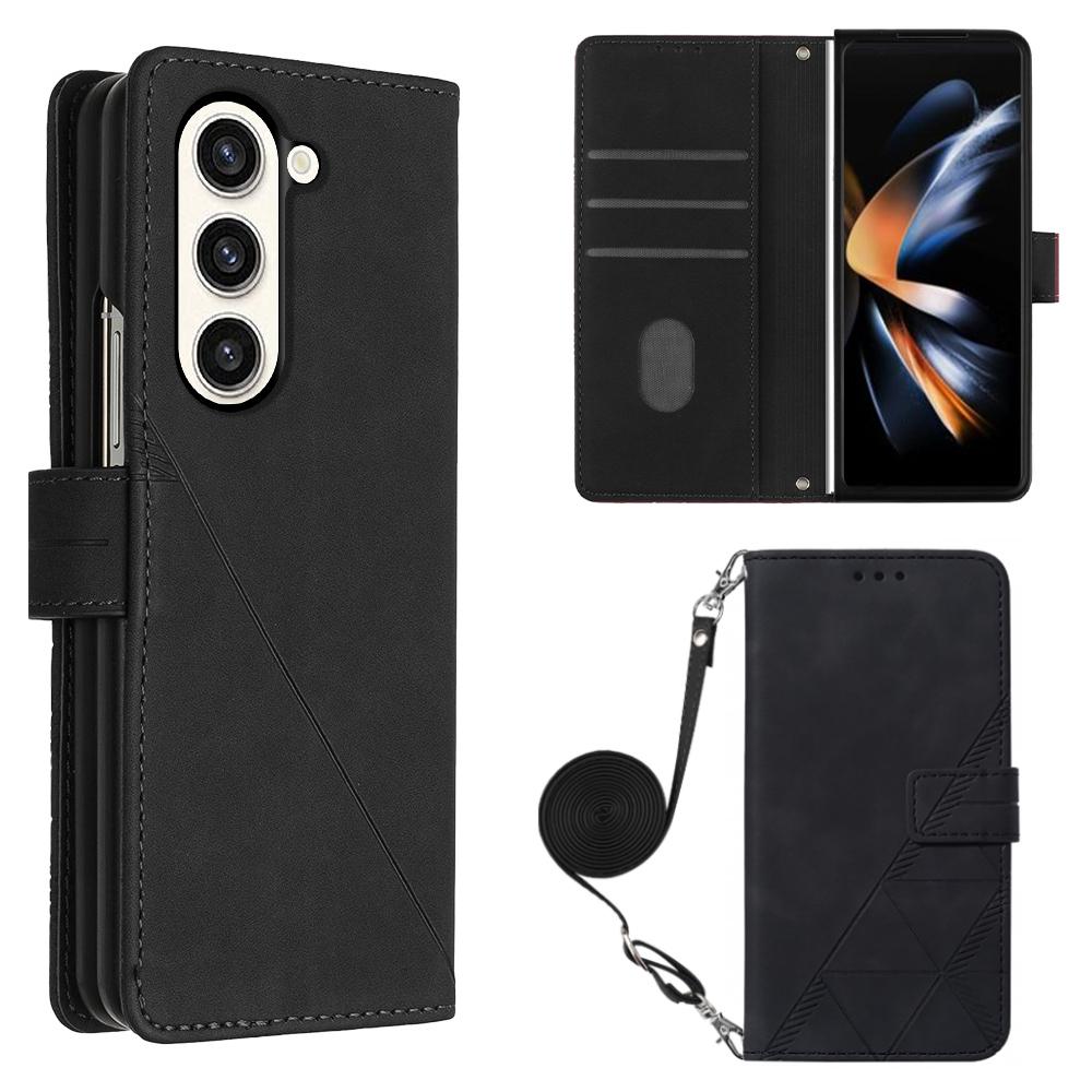 

For Samsung Galaxy Z Fold5 5G Leather Case with Shoulder Strap Wallet Stand Phone Cover Black