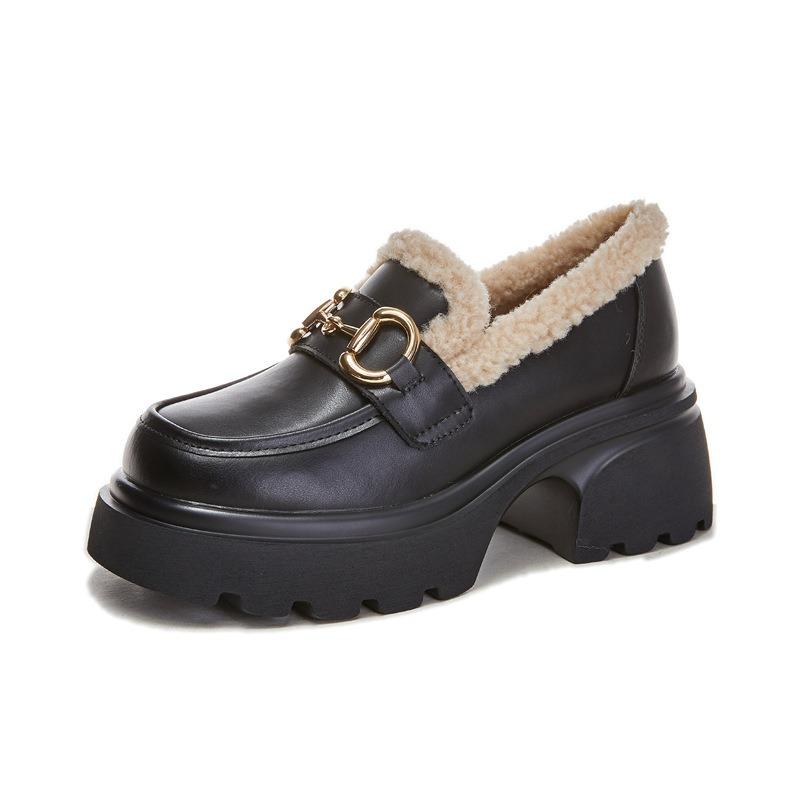 Leather women's winter new women's fashion versatile thick heel single shoes velvet warm women's shoes