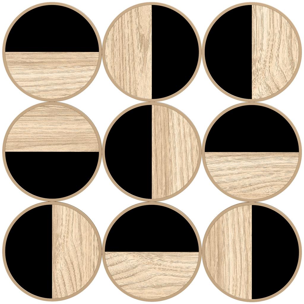 Decorative Geometric Wall Art Modern 3D Adornment 60x60 cm with Black Plastic Mirror and Natural Wood