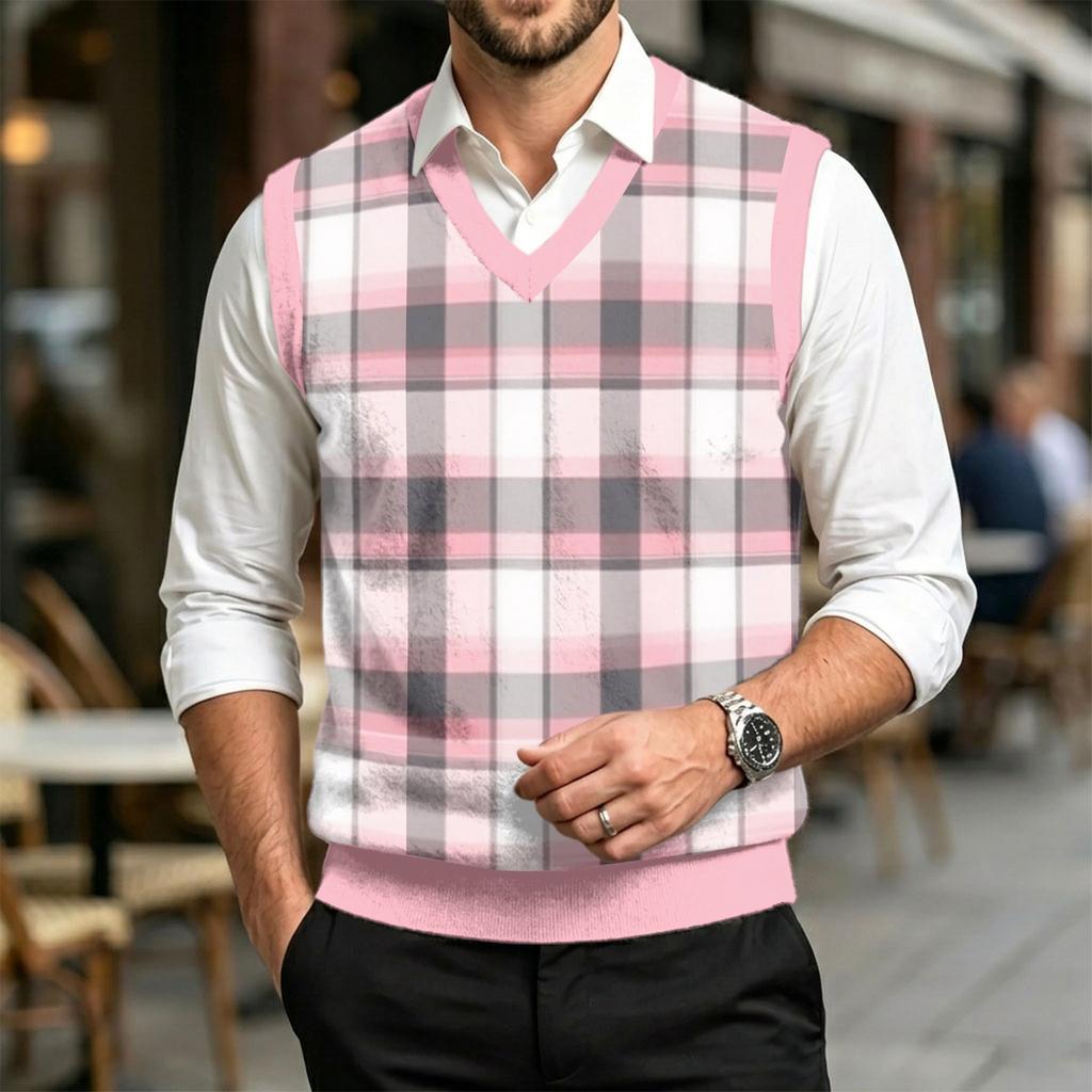 Men's Casual V-Neck Knit Vest with Plaid Print for Christmas Holiday and Daily Commute