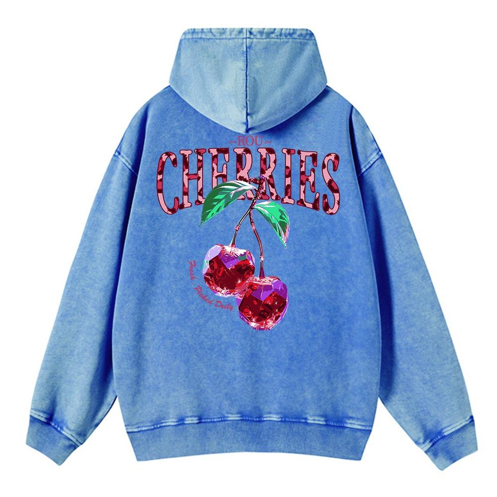 Fashion Womans Washed Hoodie Crystal Cherries Printed Streetwears Warm Cotton Oversize Couple Streetwear