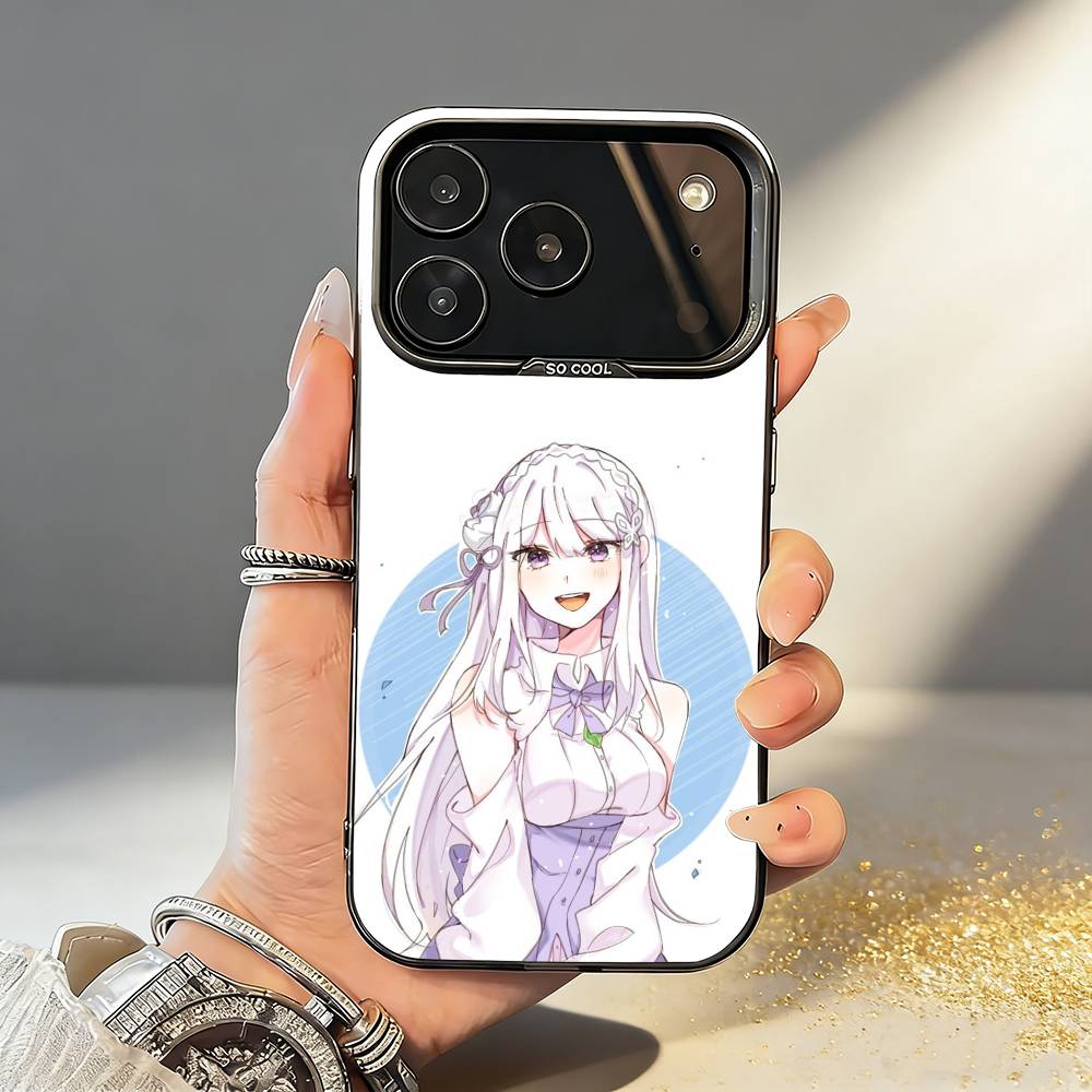 Re Zero Rem Emilia Phone Case For iPhone17 16 15 14 13 12 Pro Max Grey Black Matte Laser Metallic Aurora Funda