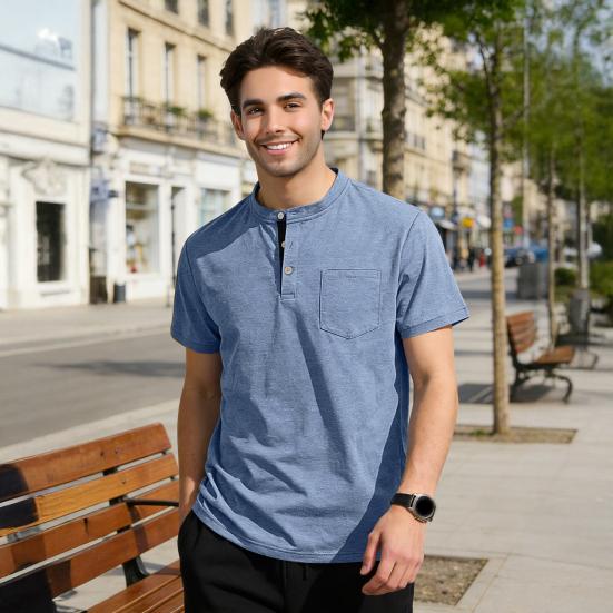 Men Quarter Button T-Shirt Solid Color Short Sleeve Band Collar Summer Tee Loose Fit Tee Shirt with Chest Pocket for Street Holiday Beach