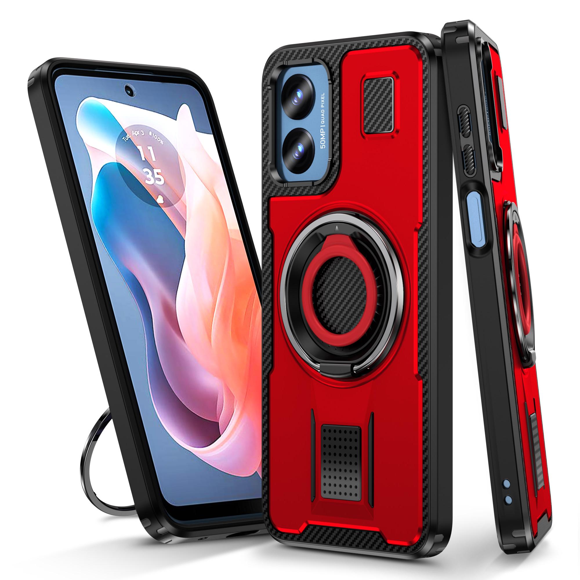 

For Motorola Moto G Play (2024) 4G Case TPU+PC Kickstand Phone Cover with Silicone Finger Strap Red