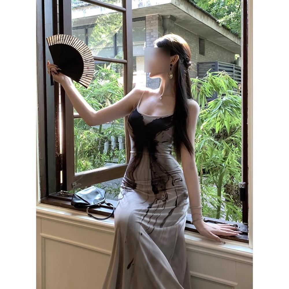 New Chinese ink printing suspender dress women's summer new foreign style beautiful French temperament long skirt