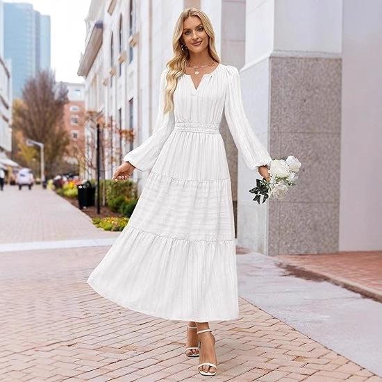 Black V-Neck Long Sleeve Flared Dress with Textured Fabric and Waist Gather