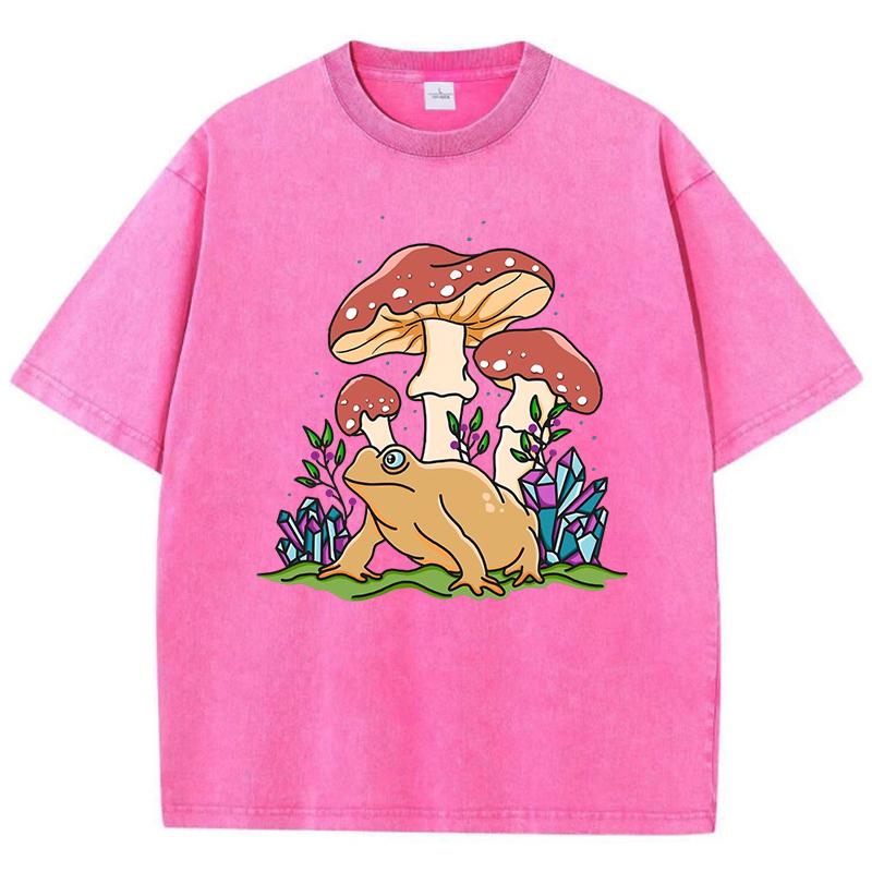 Aesthetics Mushroom Toad Printed Washed T-Shirt Women Crewneck Cotton T Shirt Oversized Y2K Clothes Vintage Summer