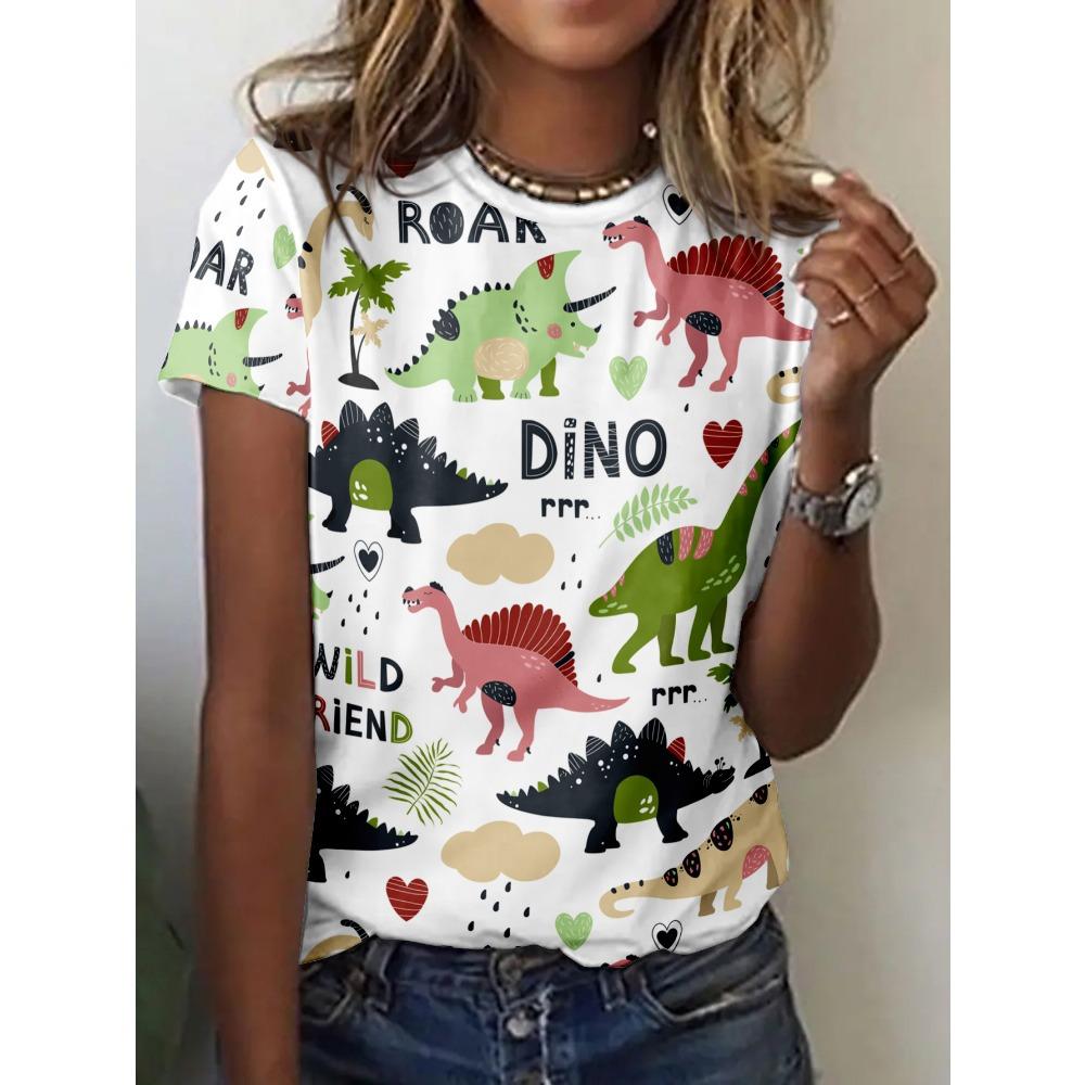 

White Dino Women s Tee - Cute Dinosaur & ROAR Graphic, Playful Cartoon Print Design for Casual Daily Wear S