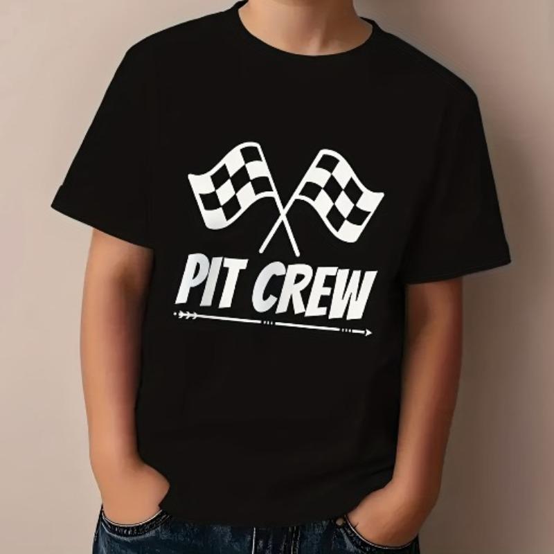 Boys Crew Neck Short Sleeve T-Shirt with Checkered Flag & PIT CREW Letter Print