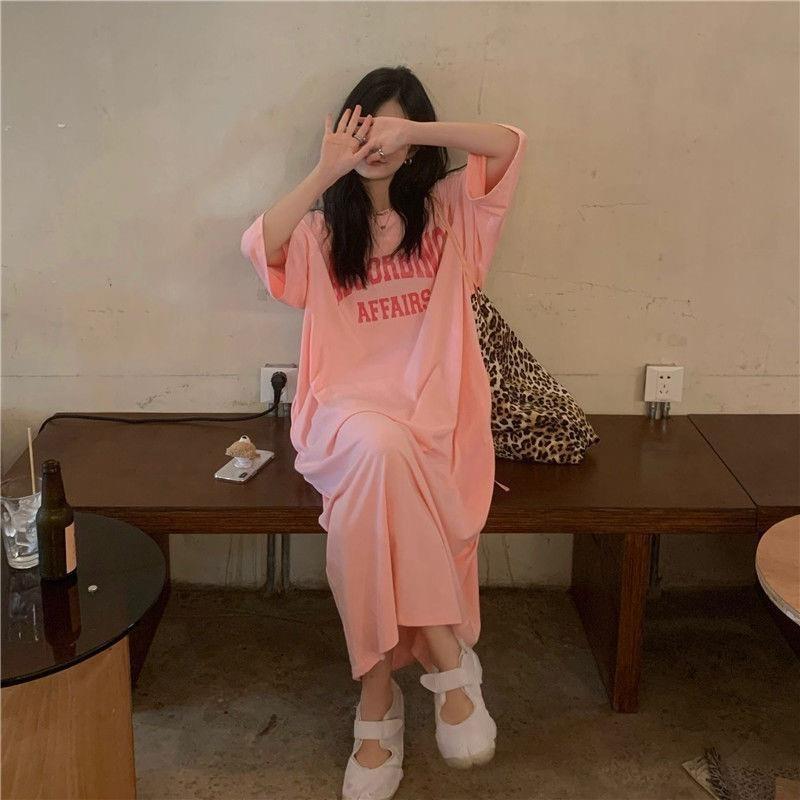 Rochie de vară cu mânecă scurtă, tricou, lejer, subțire, cu guler rotund, cu litere imprimate, lungime medie, până la genunchi