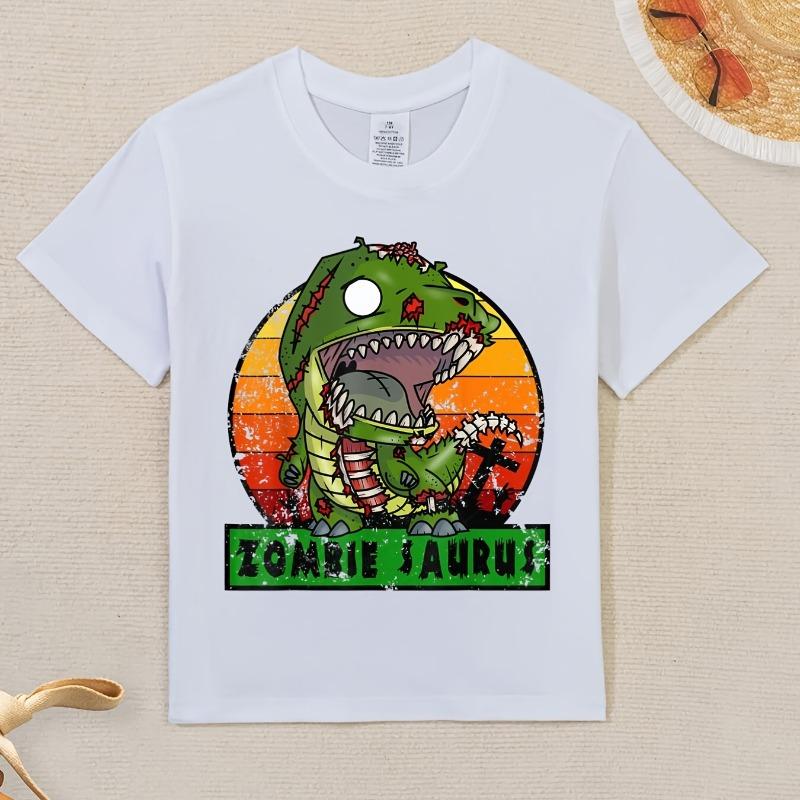 Boys Crew Neck Short Sleeve T-Shirt with Cartoon Zombie Dinosaur Print 110 белый