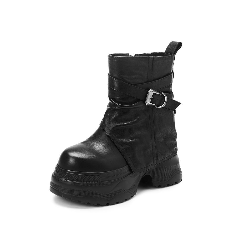Botas Martin de cuero genuino de 12 cm, suela gruesa, para muffins, otoño e invierno 2025, botas de pantalón con hebilla de cinturón retro, botas cortas pequeñas para aumentar la altura